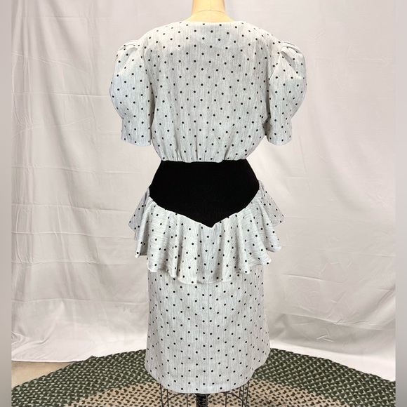 VINTAGE 80s peplum ruffle waist midi dress column pencil puff shoulder polka dot - Picture 7 of 13